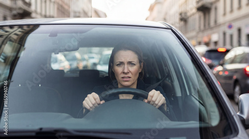 Stressed woman driver stuck in traffic. City traffic causes delays, traffic anxiety in rushhour, ideal for backtoschool commute, holidaytravel warnings, road safety message, copy space