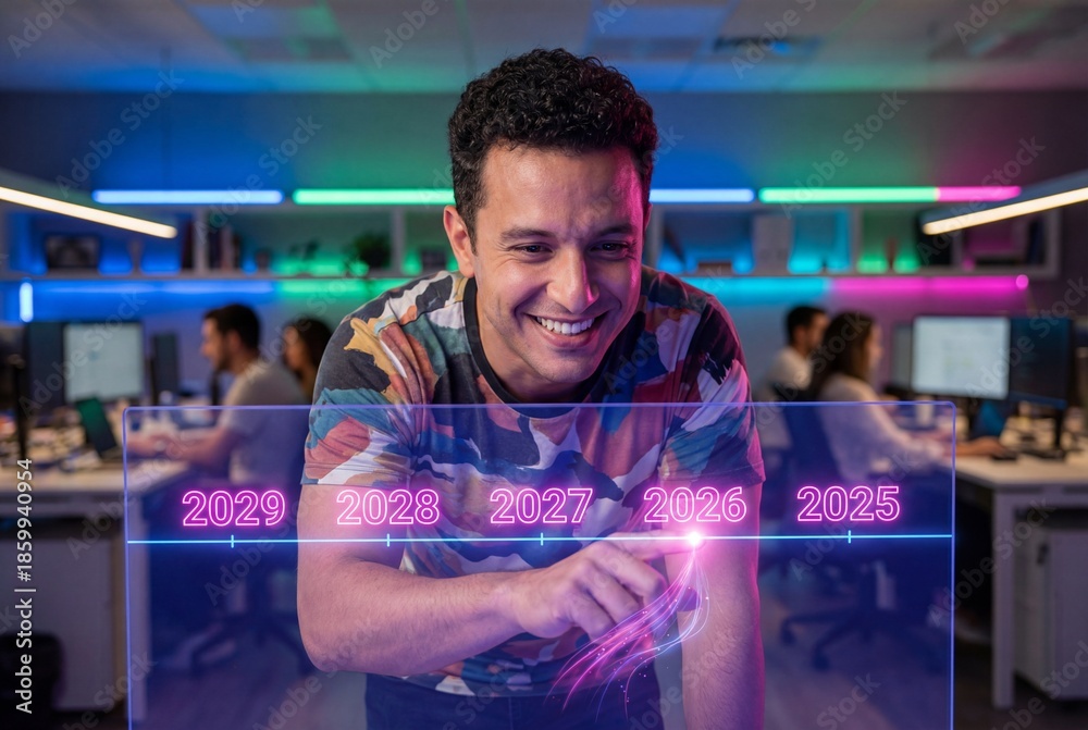 Fototapeta premium Smiling man pointing at digital timeline showing 2026 on holographic screen in neon office