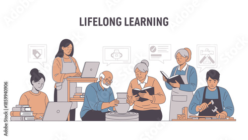 Diverse group of people engaged in lifelong learning activities.