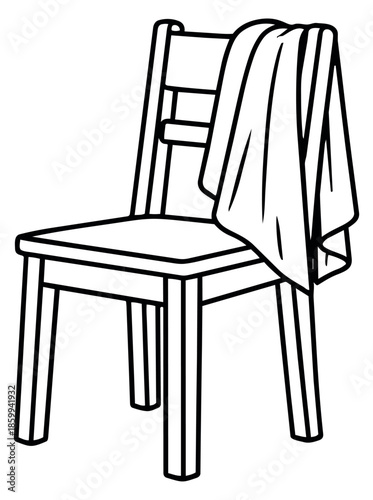 Line art illustration of a wooden chair depicting a towel draped over its back for household use