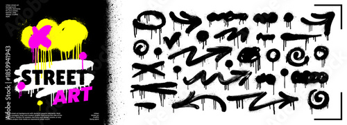 Spray paint arrow and splatter set with grunge drips for urban street art posters. Urban street art poster or background template. Graffiti vector stains, strokes, and aerosol bold elements.