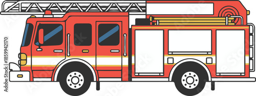 Vector illustration of a classic red fire truck seen from the side, equipped with a roof ladder, sirens, and equipment compartments, designed in a flat cartoon style.