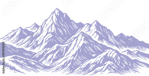mountain peaks under a clear sky in woodcut style.