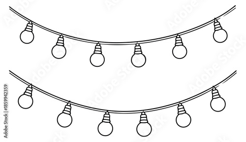 Hand drawn line art string lights set featuring two hanging strings of round globe bulbs for festive decoration