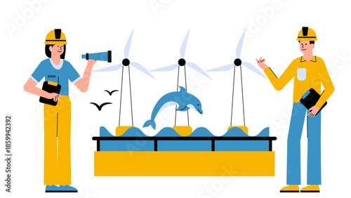 Vector illustration of offshore wind turbines integrated with wildlife and environmental monitoring systems in marine ecosystems