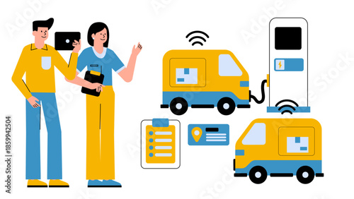 Flat vector illustration of an electric autonomous delivery robot fleet in urban logistics