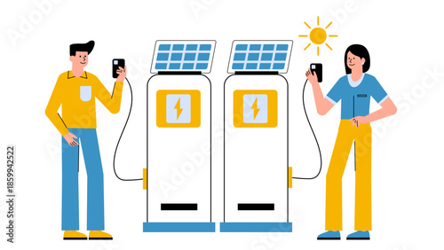 Vector illustration of public solar-powered mobile phone charging stations