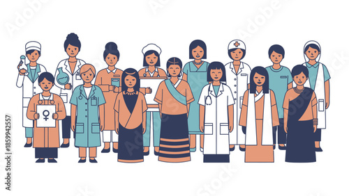 Diverse group of women in various professions standing together.