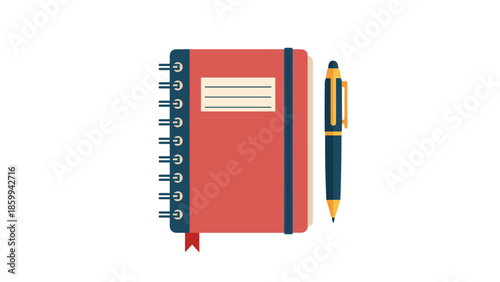 Red Spiral Notebook and Pen Illustration.