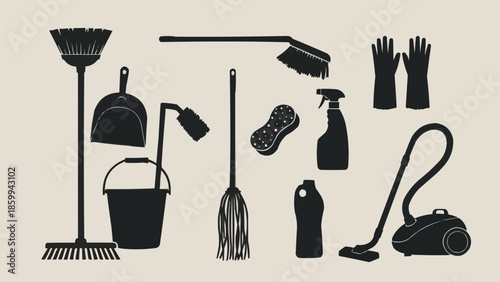 Collection of cleaning supplies and tools for household chores.