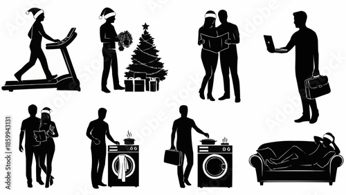 Christmas lifestyle silhouettes of people engaged in various activities.