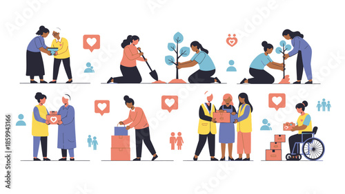 Diverse people engaged in community service and environmental activities.