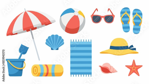 Collection of Beach Accessories and Toys for Summer Vacation.