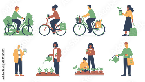 Diverse people engaged in eco-friendly activities like cycling and gardening.