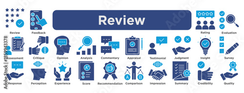 Review icon set featuring feedback, ratings, evaluation, testimonials, assessment, opinions, and quality measurement symbols. solid blue
