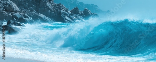 A vibrant ocean wave crashes against rocky shores, showcasing the beauty and power of nature in a stunning blue hue.