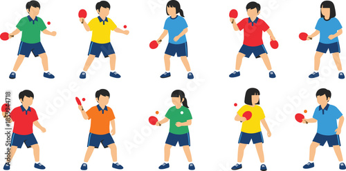 Set of active cartoon boys and girls playing table tennis with paddles and ping pong balls isolated on white background.