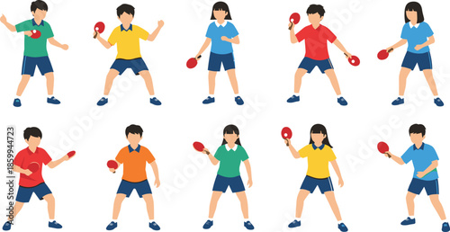 Set of diverse cartoon children playing table tennis or ping pong in colorful sports uniforms isolated on a white background.