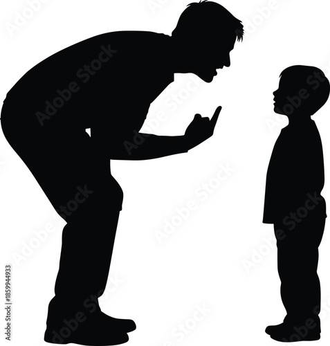 Silhouette of a father bending down scolding his little son by pointing a finger, parenting and strict discipline concept on white background.