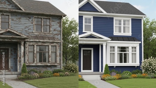 Comparison of Old and Newly Renovated Modern Blue House Facades