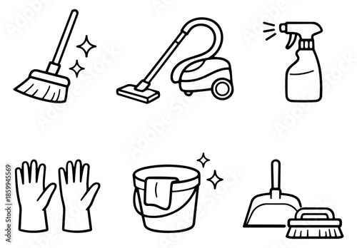 Hand drawn line art cleaning tools set featuring essential household equipment for domestic cleaning
