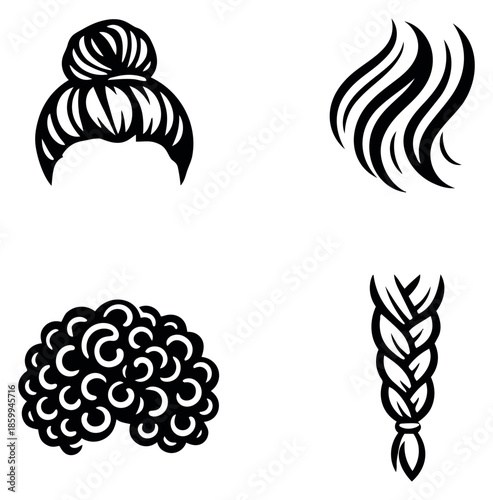Minimalist line art hair styles set featuring a bun, wavy hair, curly afro, and a braid for beauty and fashion concepts