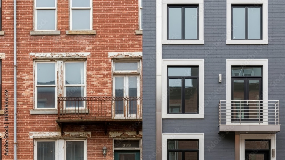 Fototapeta premium Contrasting Building Facades Showing Old Brick and New Modern Architectural
