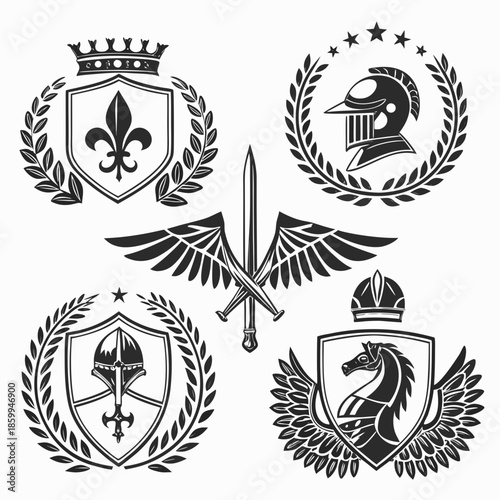 elegant laurel wreaths, shields, wings, and ribbon vector set.black-and-white vector pack of wreaths, shields, banners, and wings .Collection of six heraldic emblems with shields laurels helmet.