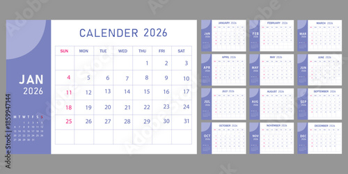 2026 calendar template. Corporate and business planner diary. The week starts on Sunday. Set of 12 months of pages