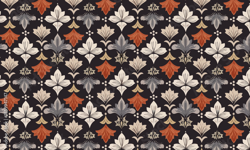 Seamless Art Deco Fan Pattern, Vintage 1920s Geometric Shell Background, Luxury Dark Vector Texture in Rust and Black