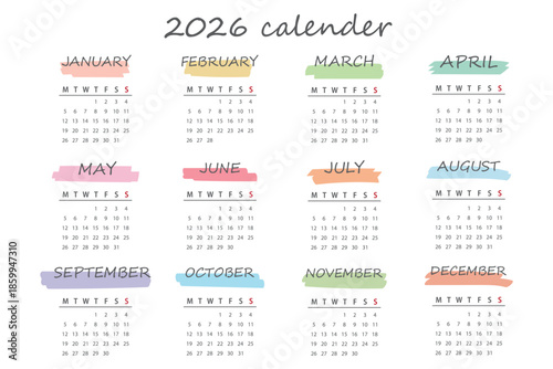 A modern 2026 full-year calendar template featuring pastel watercolor brushstrokes and handwritten calligraphy. The layout is perfect for a printable wall planner or desk scheduler