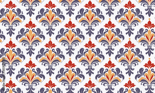 Seamless Royal Damask Pattern, Classic Red, Blue and Gold Ornament Background, Vintage Heraldic Vector Texture on White