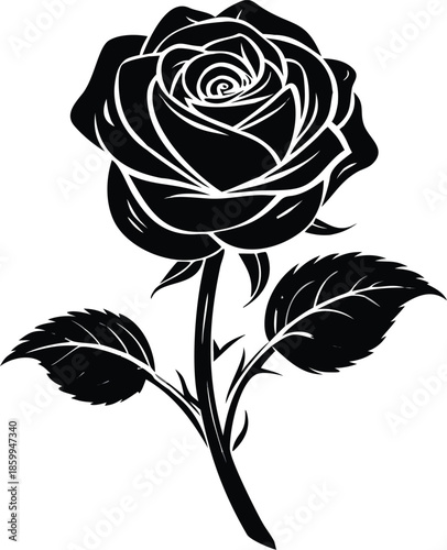 Single Long Stem Rose Silhouette With Detailed Petals And Leaves