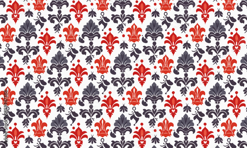 Seamless Fleur de Lis Pattern, Royal Heraldic Damask Background, Classic Red and Navy Vector Texture on White