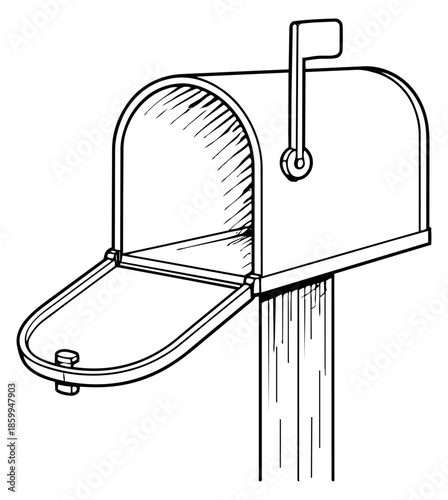 Hand drawn line art illustration of a mailbox depicting an open door with a raised flag for mail delivery