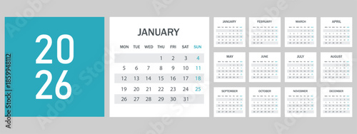2026 Monthly calendar 12 months template on white background. Minimalist design layout calendar week starts on sunday. Use for New year, business, print