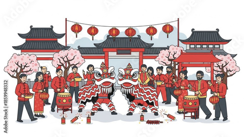 Traditional Chinese New Year Celebration with Lion Dance Performance in Front of Pagoda Temple