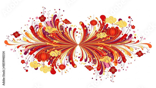 Vibrant floral explosion with swirling petals and colorful splatters in a dynamic illustration