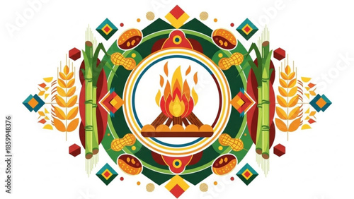 Vibrant Cultural Celebration with Fire and Wheat Illustration