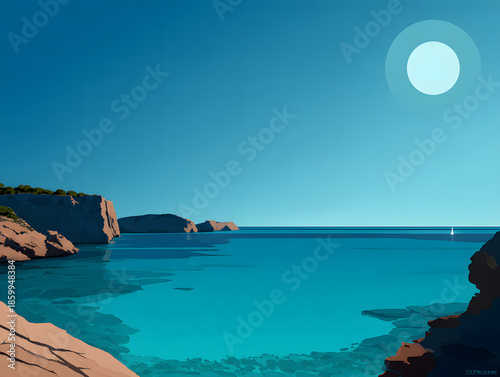 Beautiful Turquoise Bay Under A Clear Blue Sky With Distant Islands And Rocky Shores