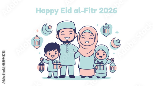 Happy Eid al-Fitr Celebration with a Cheerful Muslim Family.