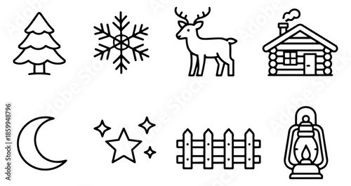Line art winter and night nature symbols set featuring a christmas tree, snowflake, deer, log cabin, moon, stars, fence, and lantern for seasonal graphic design