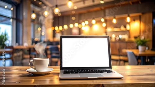 Laptop and Coffee at Cafe: Blank Screen for Your Message