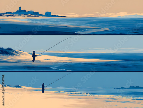 Serene coastal triptych Fisherman casting lines at dawn, with a distant lighthouse overseeing peaceful waters