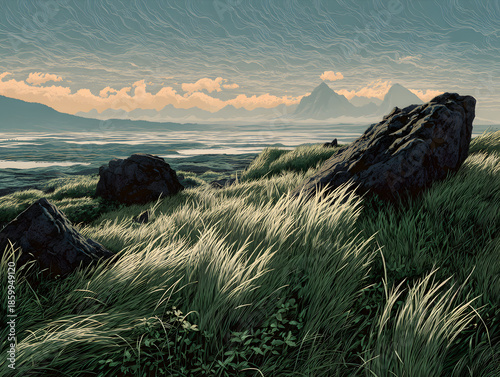 Vibrant green grasses sway gently across a rugged, windswept mountain landscape under a grand, cloud-streaked blue sky