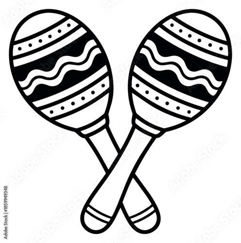 Hand drawn line art illustration of crossed maracas depicting traditional patterns for music and celebration