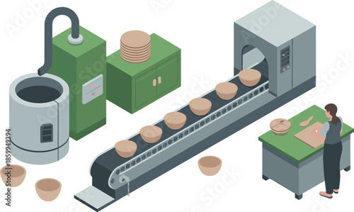 Isometric ceramic manufacturing process illustration with workers, conveyor belt and pottery production line, modern factory and industrial workflow