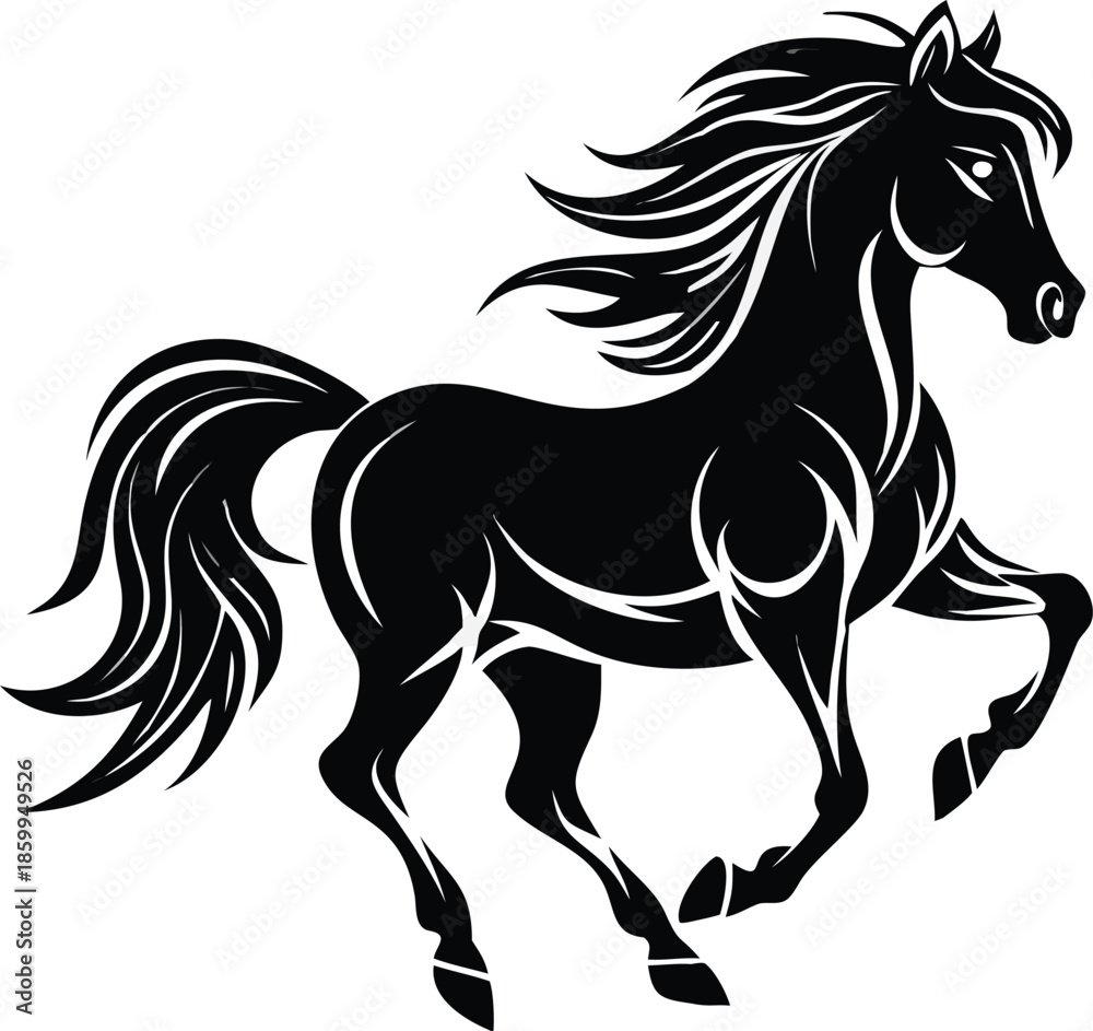 Fototapeta premium Majestic Black Silhouette Of A Galloping Horse With A Flowing Mane