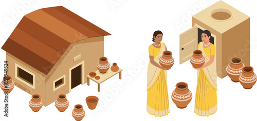 Isometric Indian pottery village illustration with women carrying clay pots, traditional rural crafts, handmade earthenware and cultural lifestyle scene