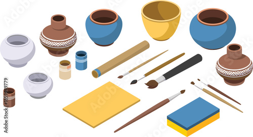 Isometric pottery painting tools and ceramic bowls set, clay vessels, brushes and handmade craft materials for artisan pottery illustration